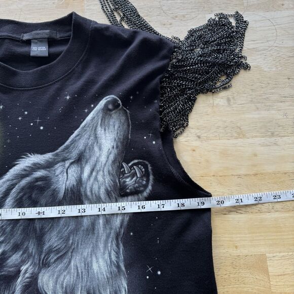 Double Side Wolf Print Black Shirt Fringe Chain Sleeves By Avion En Papier RARE - Picture 9 of 12